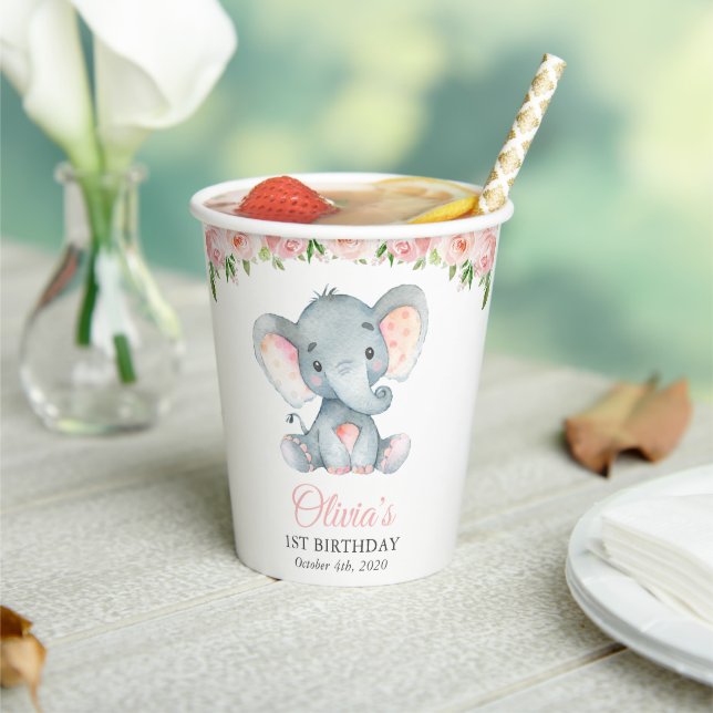 Elephant, Pink Watercolor Flowers, First Birthday Paper Cups (Insitu)