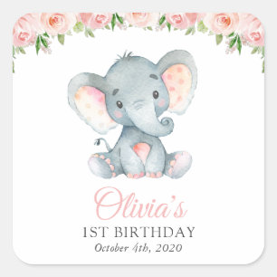 Elephant, Pink Watercolor Flowers, First Birthday  Square Sticker