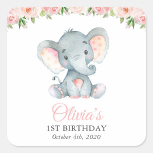 Elephant, Pink Watercolor Flowers, First Birthday  Square Sticker