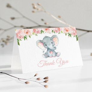 Elephant, Pink Watercolor Flowers, First Birthday Thank You Card