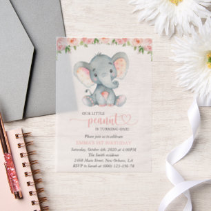 Elephant, Pink Watercolor Flowers, First Birthday Vellum Invitations