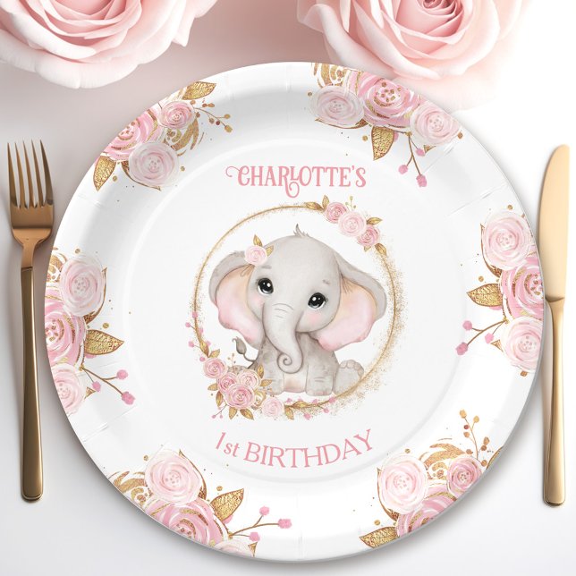 Elephant Pink White Floral Roses 1st Birthday  Paper Plate (Elephant Pink White Floral Roses 1st Birthday Paper Plates)