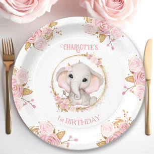 Elephant Pink White Floral Roses 1st Birthday  Paper Plate