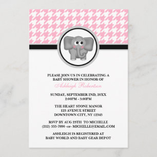 Elephant Pink & White Houndstooth Baby Shower Invitation