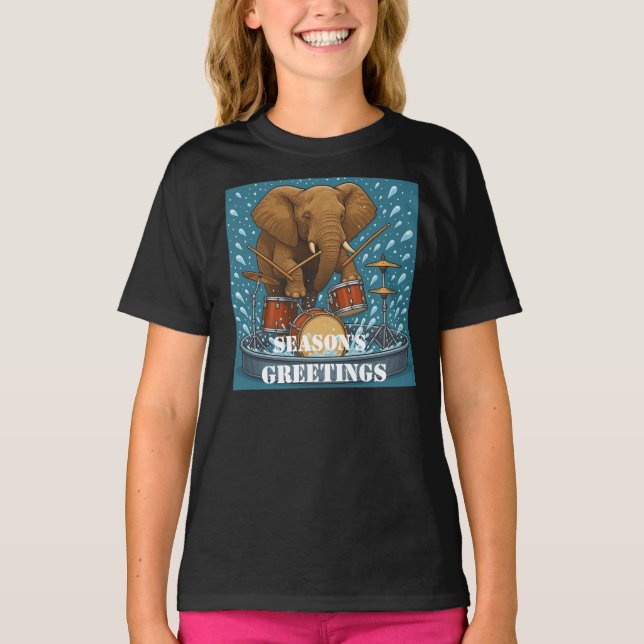  Elephant playing drums splashing water summer gir T-Shirt (Front)