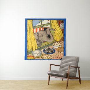 elephant poking his head through the window tapestry