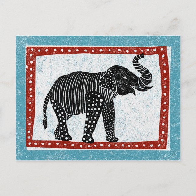 Elephant Postcard Blue Red Black White (Front)
