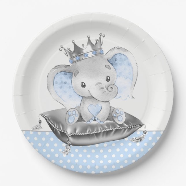 Elephant Prince Baby Shower Paper Plate (Front)