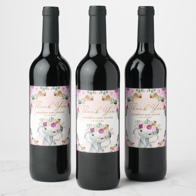 Elephant Purple Blush Tropical Flower Baby Shower Wine Label (Bottles)