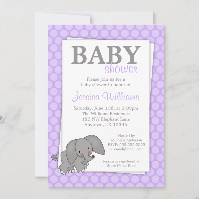 Elephant Purple Dots Girl Baby Shower Invitation (Front)