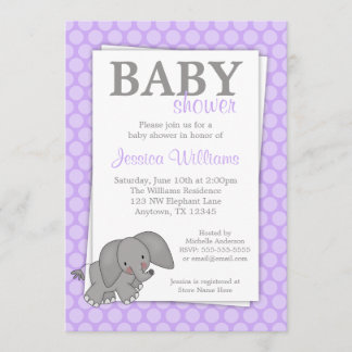 Elephant Purple Dots Girl Baby Shower Invitation