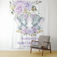 Elephant Purple Floral Twins Baby Shower Backdrop