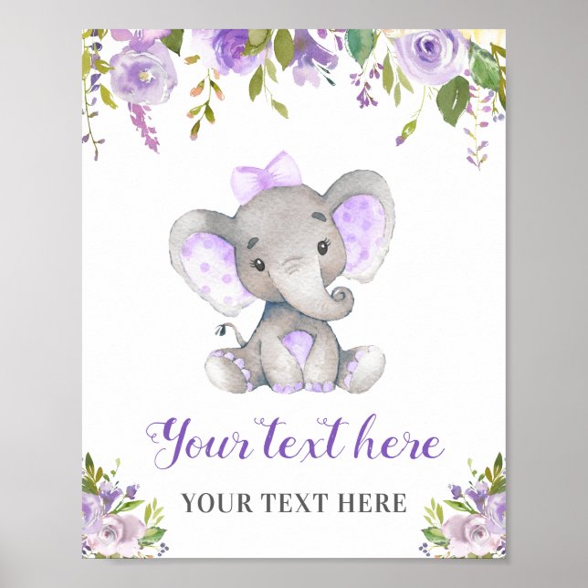 Elephant Purple Girl Baby Shower Sprinkle Birthday Poster (Front)