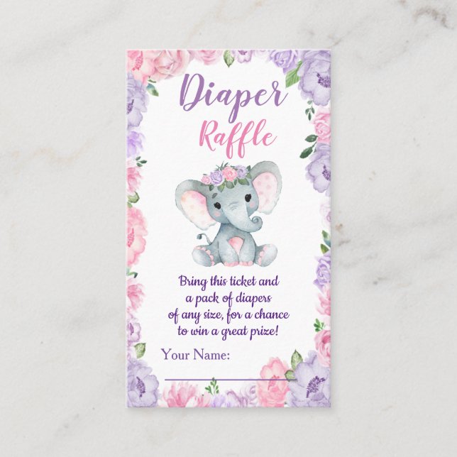 Elephant purple pink Diaper Raffle Ticket Floral (Front)