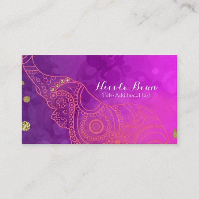 Elephant Purple Pink Orange & Gold Custom Chic Business Card (Front)