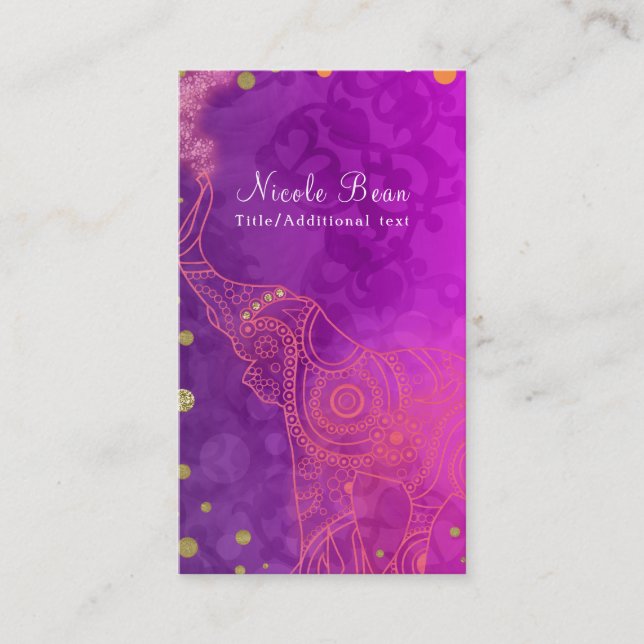 Elephant Purple Pink Orange & Gold Custom Chic Business Card (Front)