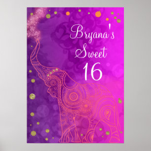 Elephant Purple Pink Orange & Gold Party Banner Poster