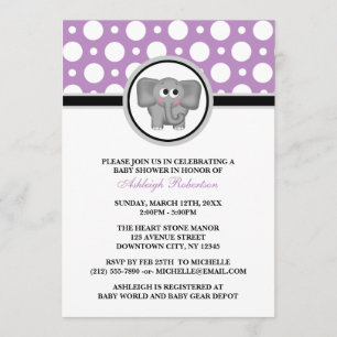Elephant Purple Polka Dot Baby Shower Invitations