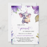 Elephant, Purple Watercolor Flower, First Birthday