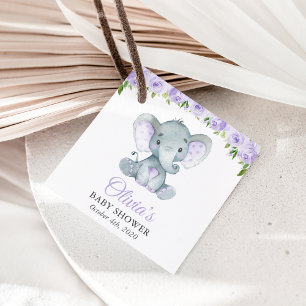 Elephant, Purple Watercolor Flowers, Baby Shower Favour Tags