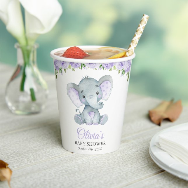 Elephant, Purple Watercolor Flowers, Baby Shower Paper Cups (Insitu)
