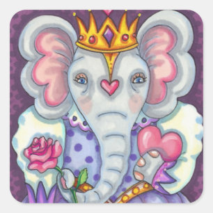 ELEPHANT QUEEN OF HEARTS AND ROSES ROYAL VALENTINE SQUARE STICKER