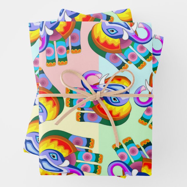 Elephant Rainbow Colours Patchwork Wrapping Paper Sheet (In situ)