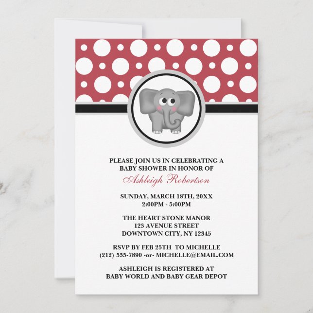 Elephant Red Polka Dot Baby Shower Invitations (Front)