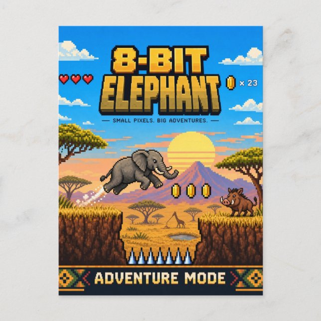 Elephant, Retro 8-Bit Pixel Art Postcard (Front)
