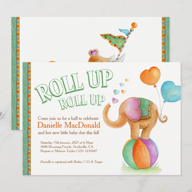 Elephant rhino watercolor green brown baby shower invitation (Front/Back)