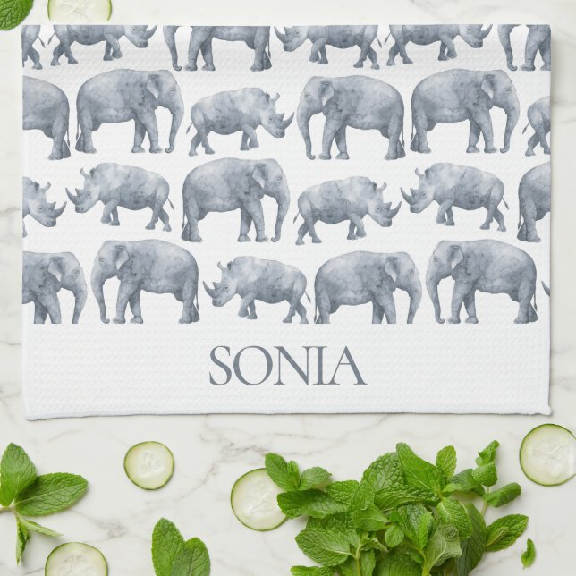 Elephant Rhino Watercolor pattern Tea Towel (Folded)