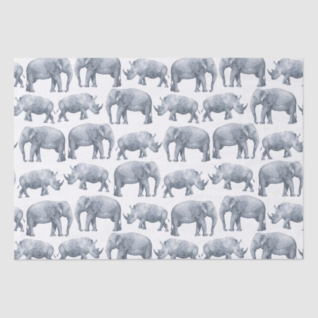 Elephant Rhino Watercolor pattern Tissue Paper (Front)