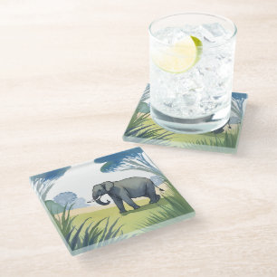 Elephant Safari   Beautiful Nature Watercolor  Glass Coaster