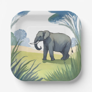Elephant Safari Beautiful Nature Watercolor Paper Plate