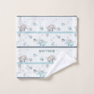 Elephant Safari Blue   Baby Boy Bath Towel Set