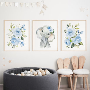 Elephant, Safari, Blue Flowers, Boy Nursery