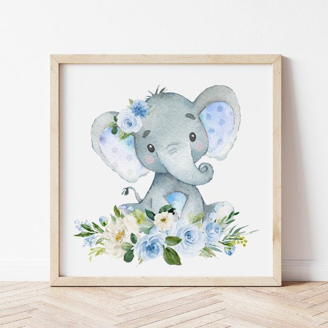 Elephant, Safari, Blue Flowers, Boy Nursery Poster (Creator Uploaded)