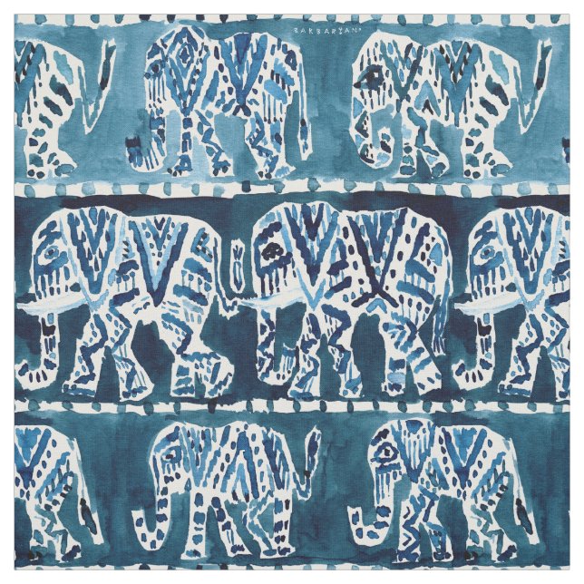 ELEPHANT SAFARI Boho Deep Indigo Watercolor Fabric (Swatch)