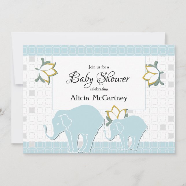 Elephant Safari Floral Blue & Grey Boy Baby Shower Invitation (Front)
