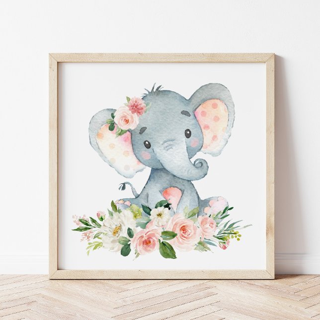 Elephant, Safari, Pink Flowers, Girl Nursery Poster (Creator Uploaded)