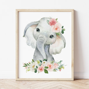 Elephant, Safari, Pink Flowers, Girl Nursery Poster