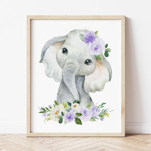 Elephant, Safari, Purple Flowers, Gender Neutral Photo Print