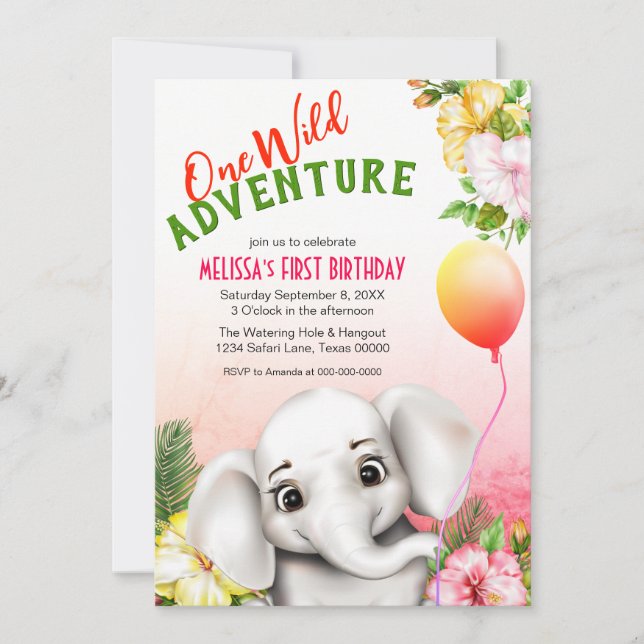 Elephant Safari Tropical Jungle Birthday Party Invitation (Front)