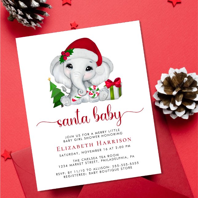 Elephant Santa Baby Girl Shower Invitation (Creator Uploaded)
