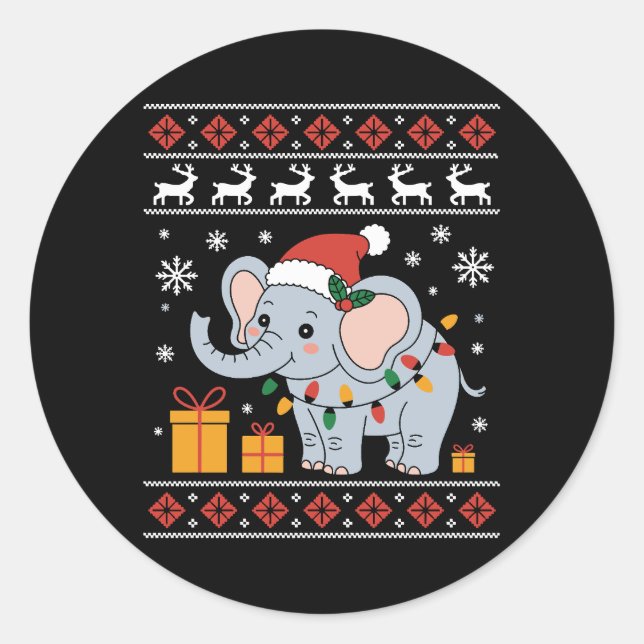 Elephant Santa Hat Christmas Tree Lights Ugly Xmas Classic Round Sticker (Front)