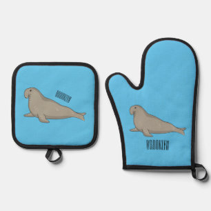 Elephant seal cartoon illustration oven mitt & pot holder set