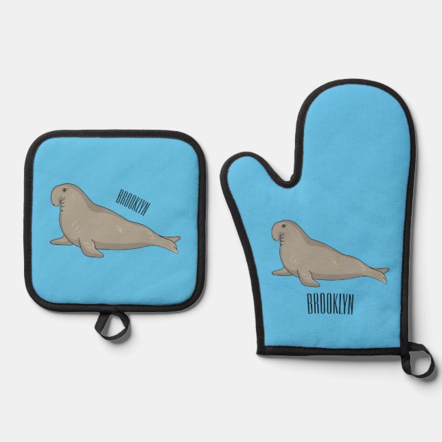 Elephant seal cartoon illustration oven mitt & pot holder set (Front)