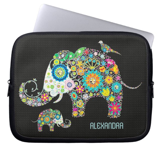 Elephant Shape Colourful Retro Flowers Laptop Sleeve (Front)