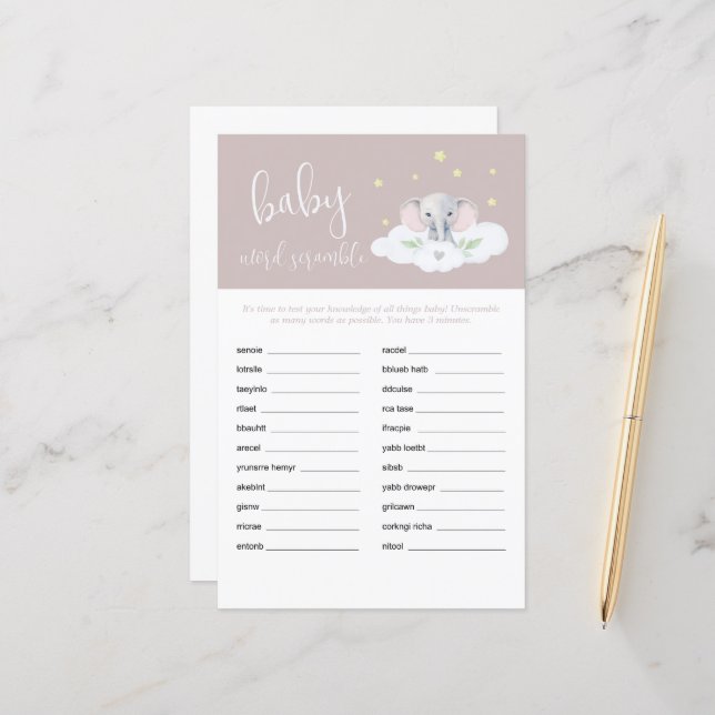 Elephant Shower Baby Word Scramble Game Pink (Front/Back In Situ)