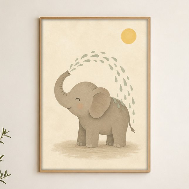 Elephant Shower Watercolour Whimsical Art Poster (Shown framed for scale. Poster ships unframed; frames are an optional add-on.)